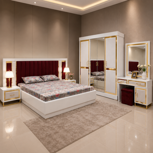 Royal White & Gold Bedroom Set with Velvet Headboard
