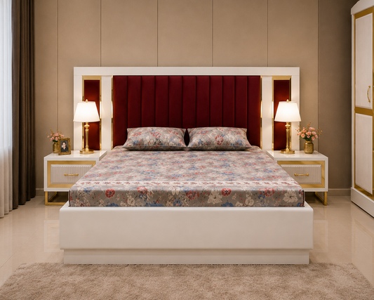 Royal White & Gold Bedroom Set with Velvet Headboard